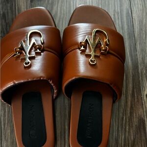 Brown Leather Slide Sandals with Gold Hardware. New sz 8